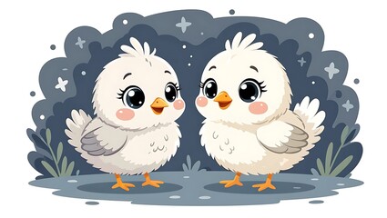 Two cute fluffy baby chicks standing together chicken