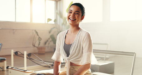 Happy woman, portrait and gym with laugh for fitness, health and wellness in training facility....