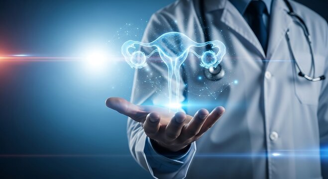 Doctor Holding Holographic Female Reproductive System, Gynecology, Healthcare, Medicine.