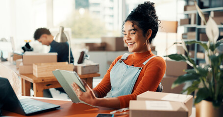 Smile, woman and reading on tablet for distribution checklist, courier update and supply chain....