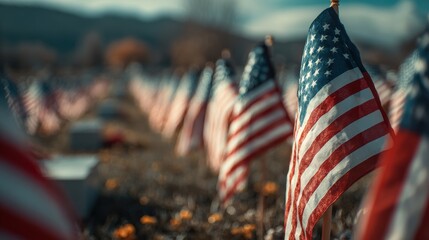Colorful flags stand proudly at graves in a peaceful cemetery on a sunny autumn day
