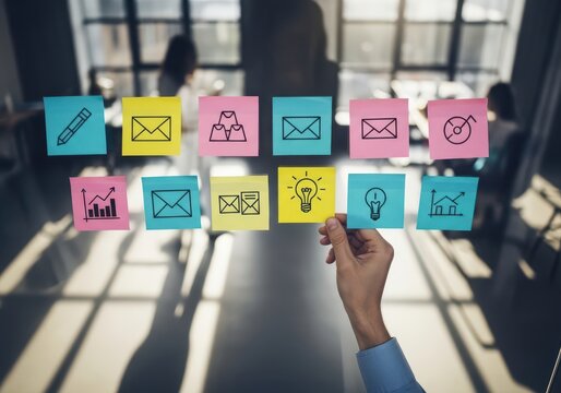 Team brainstorming with sticky notes and icons on a glass wall