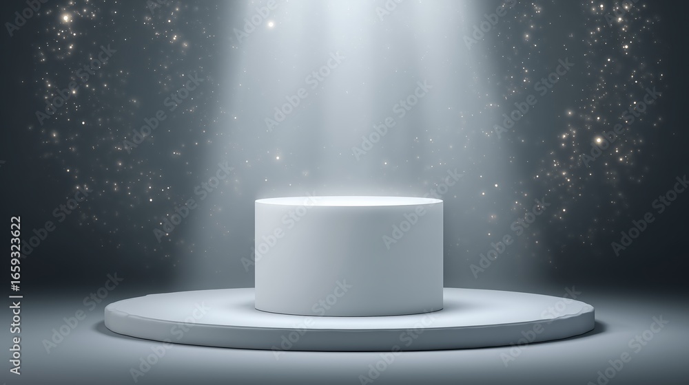 Poster white 3d cylindrical podium with soft glowing a minimalistic podium with soft lighting and sparkling