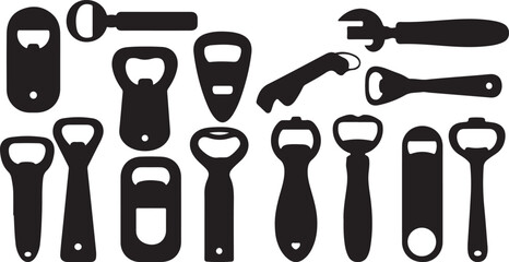 Bottle Opener Icons Vector – Tool, Drink, Bar, Cap, Beer, Wine, Party, Kitchen, Black, Flat, Isolated, Collection, Symbol, Icon, Design, Utensil, Equipment, Object