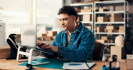 Shipping, laptop and man typing in office for ecommerce, procurement email or distribution. Computer, logistics distributor and online for order update, stock and supply chain in small business