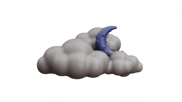 3D Animation of a crescent moon surrounded by fluffy clouds