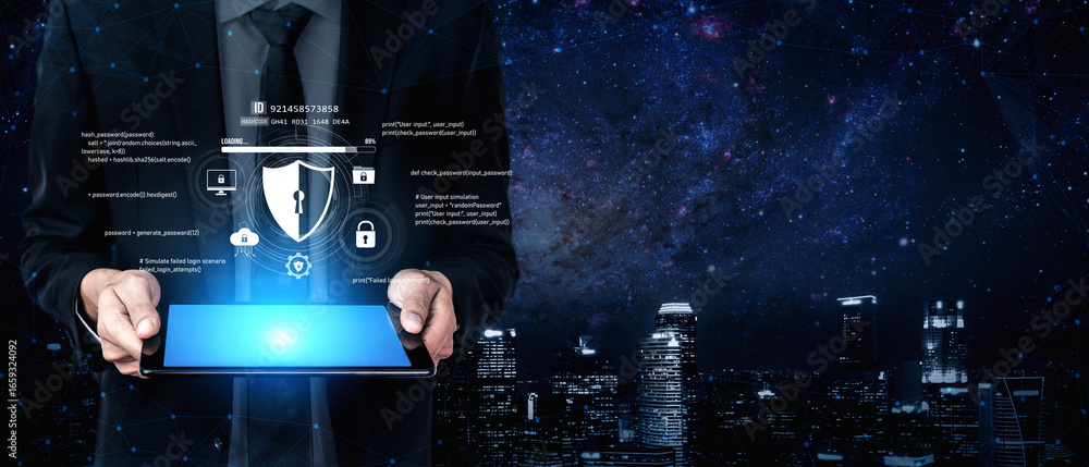 Poster cyber security protects against breaches, hacks, and network attacks using strong infrastructure and