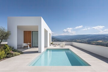 Modern, white house with pool on a mountaintop terrace