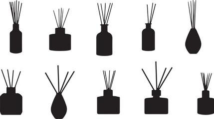 Perfume Reed Diffuser Icons Vector Pack – Aroma, Fragrance, Essential Oil, Scent, Glass, Decoration, Spa, Relax, Stick, Air Freshener, Home, Isolated, Symbol, Black, Flat, Wellness, Design, Vector