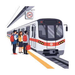 People Waiting for a White and Gray Subway Train at a Station with Red Accents Pixel Art Style