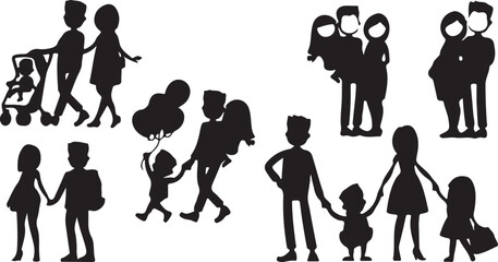 Family Silhouette Vector Pack – Parents, Children, Kids, Walking, Holding Hands, Love, Relationship, Mother, Father, Together, Group, Unity, Black, Flat, Isolated, Outdoor, Character, Symbol