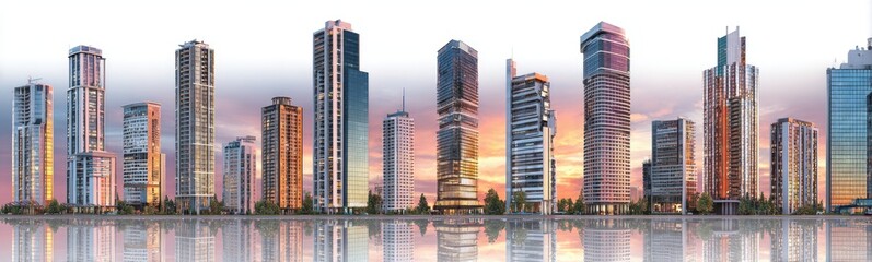 Obraz premium Modern cityscape with tall skyscrapers reflected in water at sunset