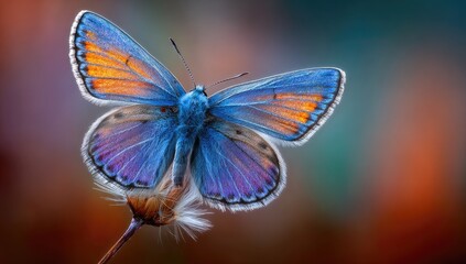Fototapeta premium Vibrant blue butterfly, wings spread, perched on seed pod