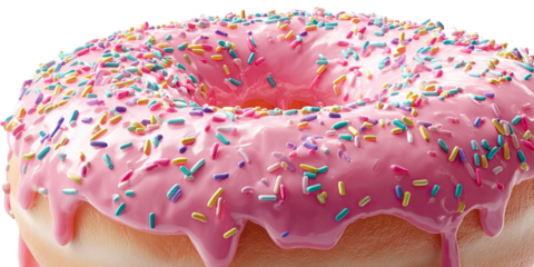Close-up of a frosted donut with colorful sprinkles