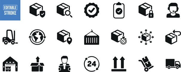 Delivery service icon set, logistics package vector, 24/7 shipping icon, online order delivery symbol, cargo storage vector, warehouse delivery icon, parcel logistics design, fast shipping service ico