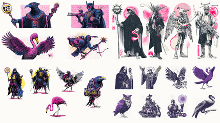 Naklejka premium Mystical illustration of ravens, crows, and other birds depicted as dark wizards, warriors, and guardians in fantasy gothic style.