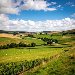 Rolling hills, lush pasture, cloudy sky