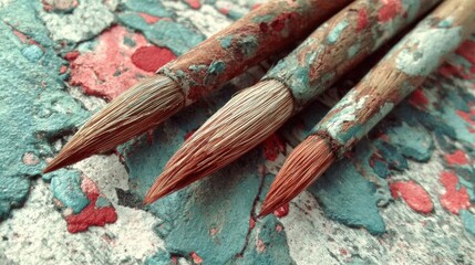 Three paintbrushes rest on a chipped, paint-splattered surface