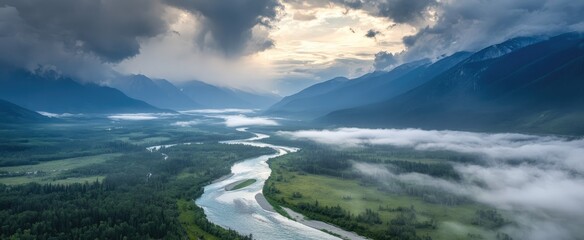 Majestic River Valley Under Dramatic Stormy Skies with Wisps of Fog