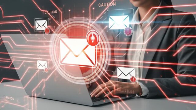 Email security, cyber attack, phishing warning, alert, and data protection for businessperson using laptop with digital envelope icons, caution symbols, glowing email alerts, cybersecurity threat