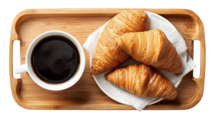 A wooden tray holds a cup of coffee and three croissants
