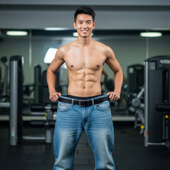 Fototapeta premium portrait of young man in gym. handsome young man in gym. A young confident Asian man post-weight loss wearing oversized faded jean pants.