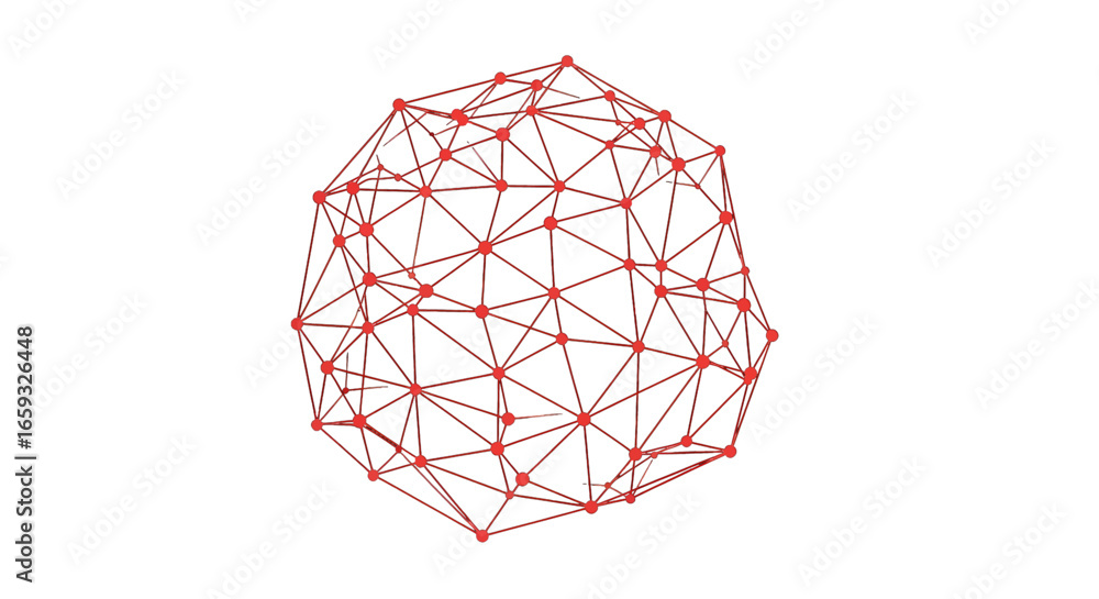 Poster red network sphere with connected dots and lines in a digital abstract geometric design against a wh