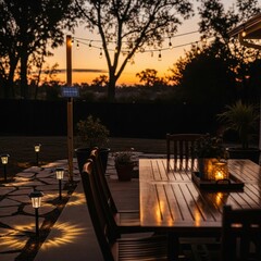 Fototapeta premium Twilight Ambiance: Backyard Patio with Solar String Lights and a Golden Sunset