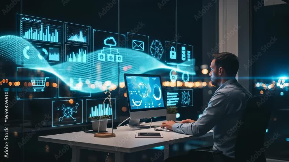 Aufkleber businessman in modern office at night using computer for analytics and data technology, digital scre