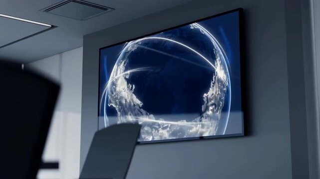 Modern conference room showing rotating globe on large screen - Powered by Adobe
