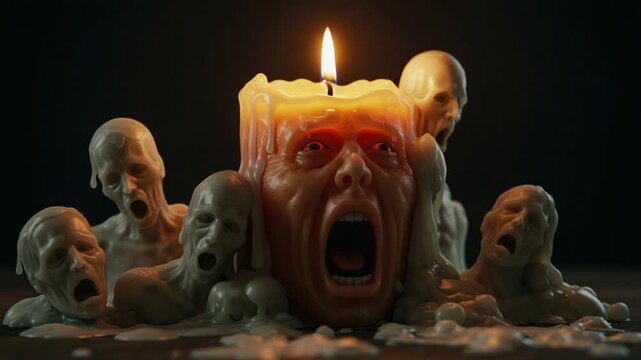 Eerie candle with screaming faces surrounded by wax