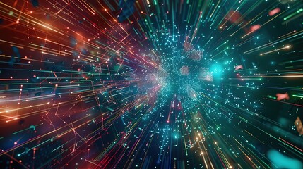 Naklejka premium Futuristic sci-fi interface displaying a network of vibrant colors and glowing lights in a cosmic setting, with interconnected nodes, star-like glows, and space-inspired patterns, representing advance