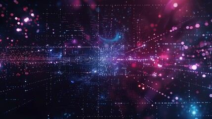 Fototapeta premium Futuristic sci-fi interface displaying a network of vibrant colors and glowing lights in a cosmic setting, with interconnected nodes, star-like glows, and space-inspired patterns, representing advance