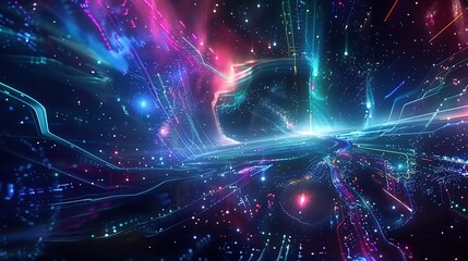 Obraz premium Futuristic sci-fi interface displaying a network of vibrant colors and glowing lights in a cosmic setting, with interconnected nodes, star-like glows, and space-inspired patterns, representing advance