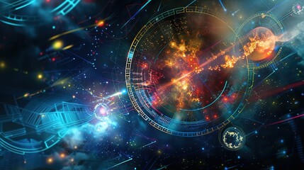Futuristic sci-fi interface displaying a network of vibrant colors and glowing lights in a cosmic setting, with interconnected nodes, star-like glows, and space-inspired patterns, representing advance