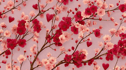 Obraz premium pretty holiday-themed digital pattern with cute heart symbols and elegant floral branches in red and pink