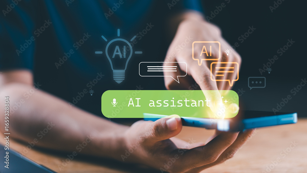 Poster digital ai assistant concept with hand touching smartphone, futuristic technology interface, artific