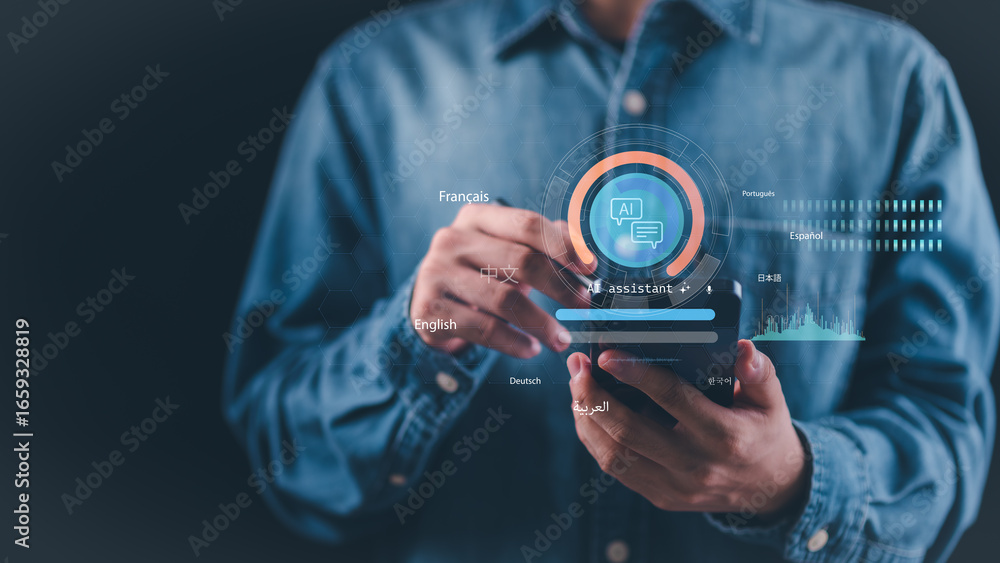 Aufkleber futuristic ai assistant on smartphone screen, advanced chatbot technology for multilingual communica