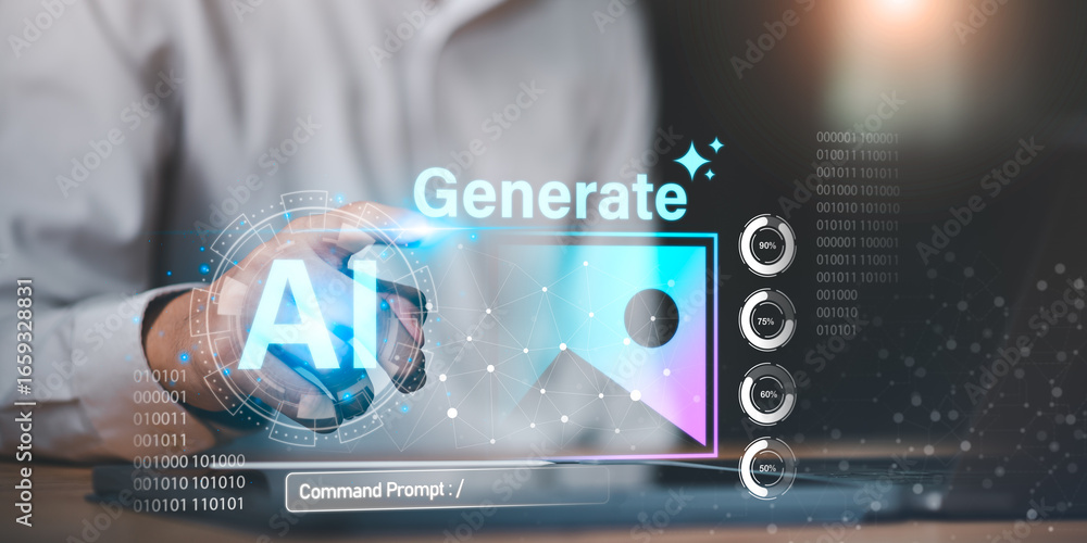 Poster futuristic ai generation concept with digital interface, data visualization, and innovation in artif