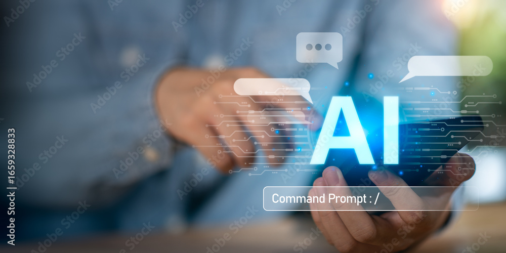 Poster artificial intelligence concept with futuristic command prompt and chatbot communication, symbolizin