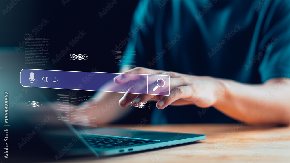 Poster artificial intelligence search bar interface with laptop and human hand, symbolizing ai technology, 