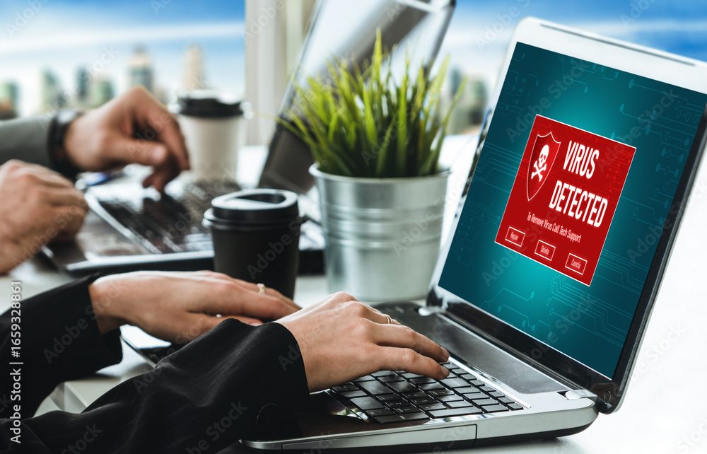 Poster virus warning alert on computer screen detected modish cyber threat , hacker, computer virus and mal