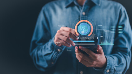 Futuristic AI assistant on smartphone screen, advanced chatbot technology for multilingual...