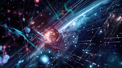 Futuristic sci-fi interface displaying a network of vibrant colors and glowing lights in a cosmic setting, with interconnected nodes, star-like glows, and space-inspired patterns, representing advance