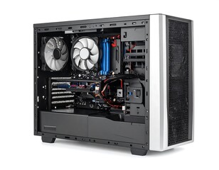 Open computer case with components