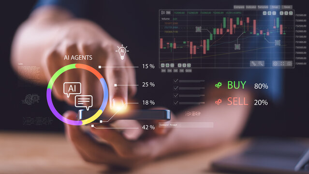 Artificial intelligence agents for financial trading on mobile, smart fintech solution with stock chart analysis, investment automation, digital data processing, buy and sell prediction system. - Powered by Adobe