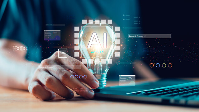 Artificial intelligence concept with bright light bulb, symbol of AI innovation, digital technology, data analytics, and smart solutions. Perfect for IT, business, research, and futuristic design.