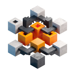 Fototapeta premium Abstract 3D Render of Interlocking Cubes, Geometric Shapes, Orange, Gray, White, Modern Architecture, Minimalist Design, Contemporary Art, Creative
