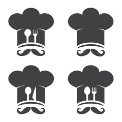 Chef Hat with Mustache Icon Set with Food Tools on White Background