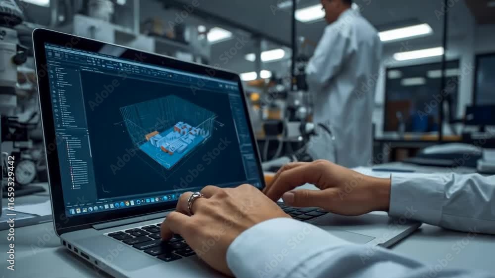 Poster a person is working on a laptop displaying a 3d design in a laboratory setting, with another individ